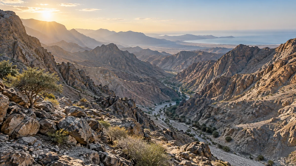 تصوير تخيلي لجبال صخرية وأودية جافة مع أشجار متناثرة