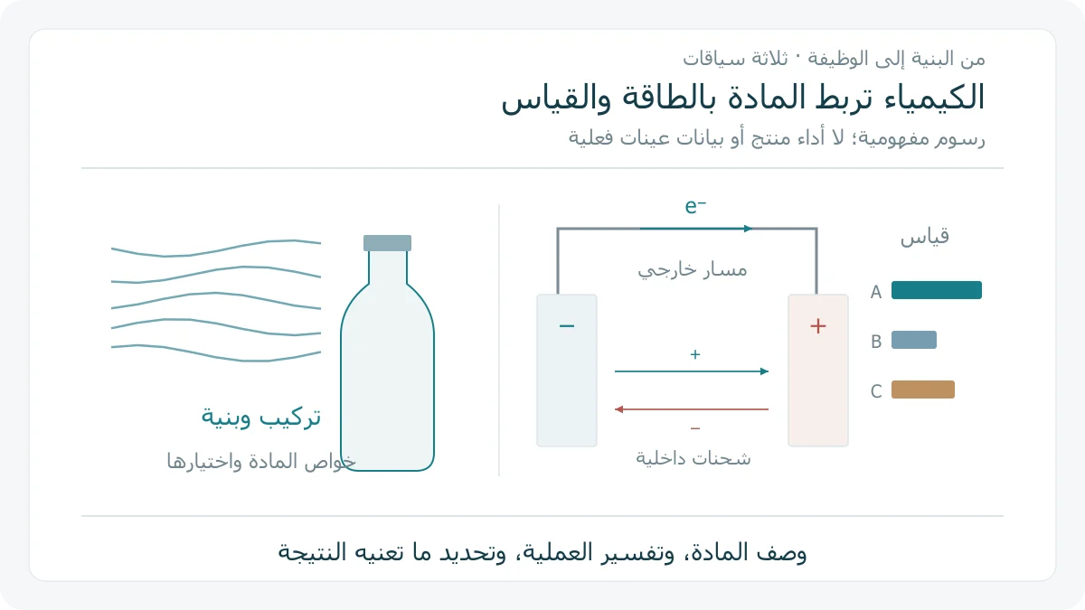 ثلاثة سياقات علمية أصلية: سلاسل مادة تقابل عبوة، وإلكترونات في مسار خارجي لخلية، ومقارنة نتائج قياس، توضح البنية والطاقة والتحليل