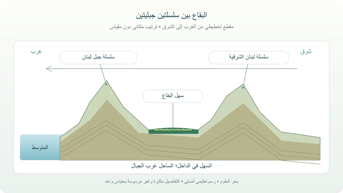 مقطع تضاريسي تخطيطي من الغرب إلى الشرق يبين المتوسط وجبل لبنان وسهل البقاع وسلسلة لبنان الشرقية