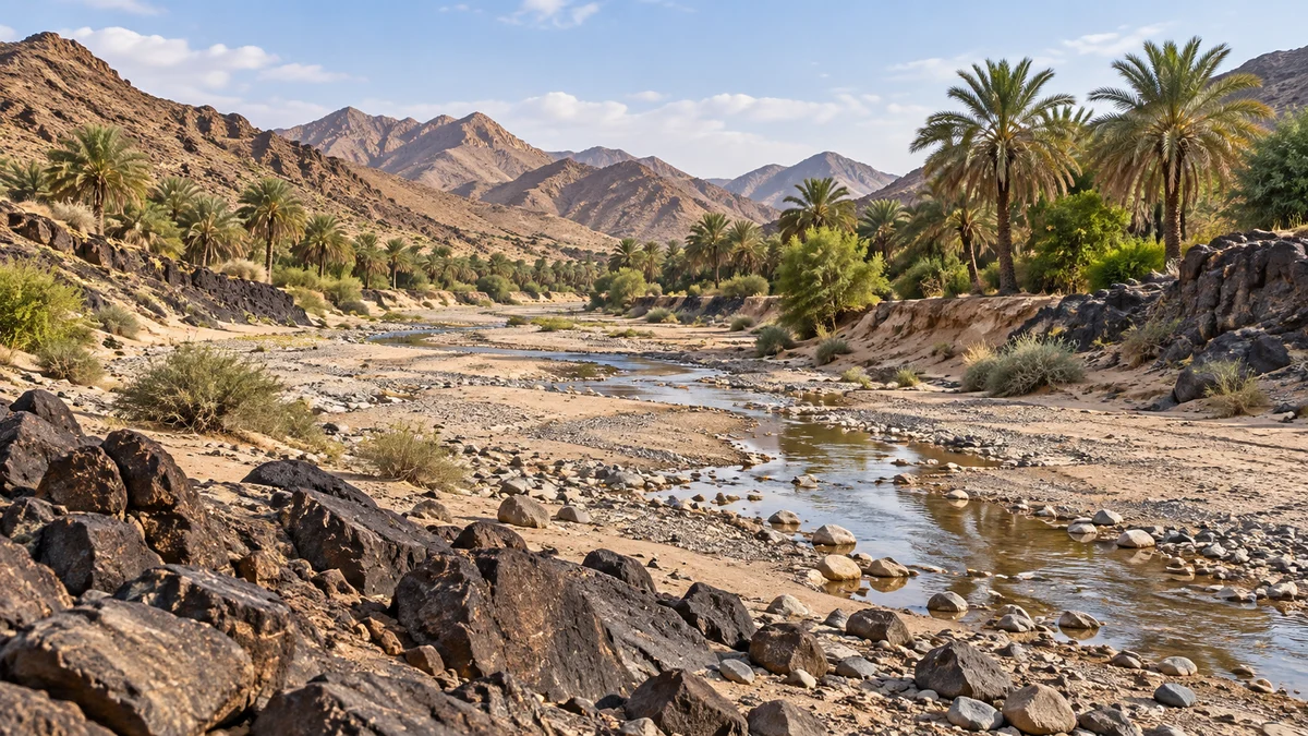 تصور وادٍ ضحل وصخور داكنة وبساتين نخيل في بيئة المدينة