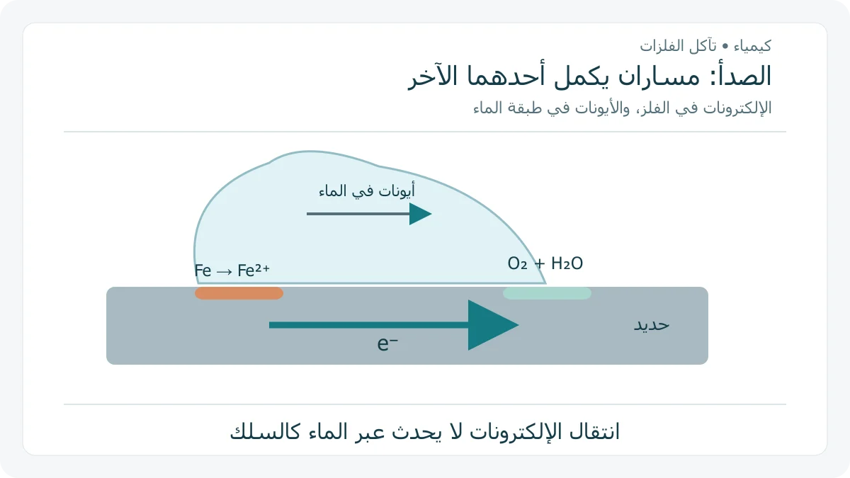 قطرة ماء على الحديد فوق منطقتي تأكسد واختزال، مع سهم انتقال الإلكترونات داخل الفلز ورمز حركة الأيونات داخل القطرة