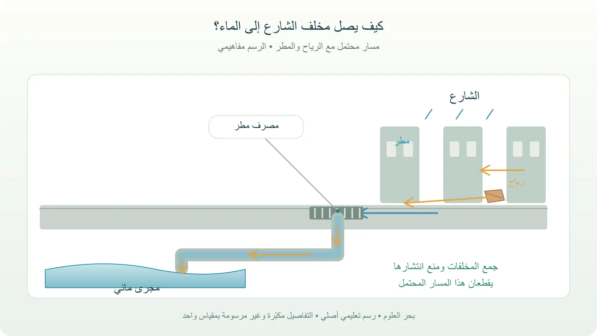 رسم أصلي لمسار قطعة تغليف من أرض الشارع عبر الرياح ومصرف المطر إلى مجرى مائي