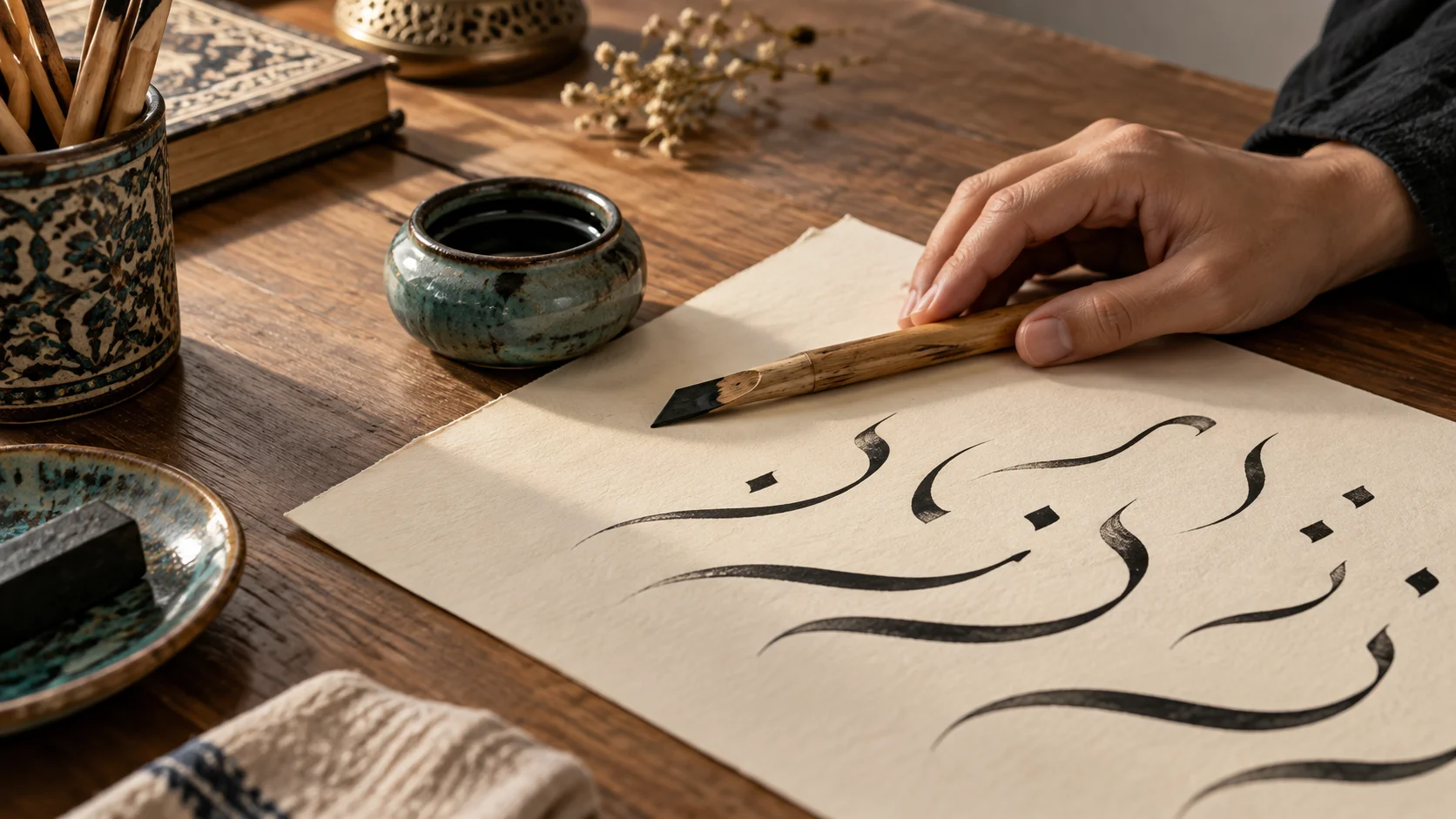 تصور فني ليد وقلم قصبي ومحبرة وورقة تدريب