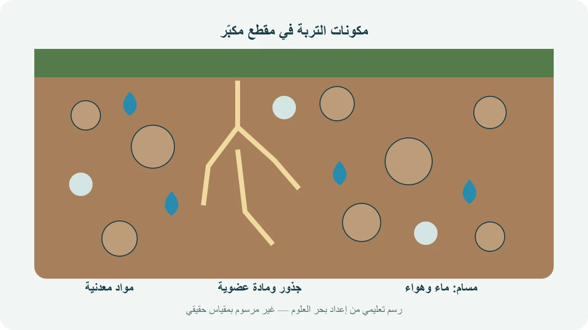 مقطع مكبّر لحبيبات التربة وجذور نبات، مع مسام يظهر بعضها مملوءًا بالهواء وبعضها بالماء
