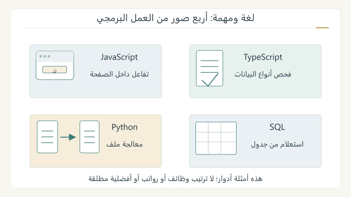 رسم أصلي لأربع محطات عمل: تفاعل صفحة JavaScript، فحص أنواع TypeScript، معالجة ملف Python واستعلام SQL، دون ترتيب رتبي أو شعار منتجات
