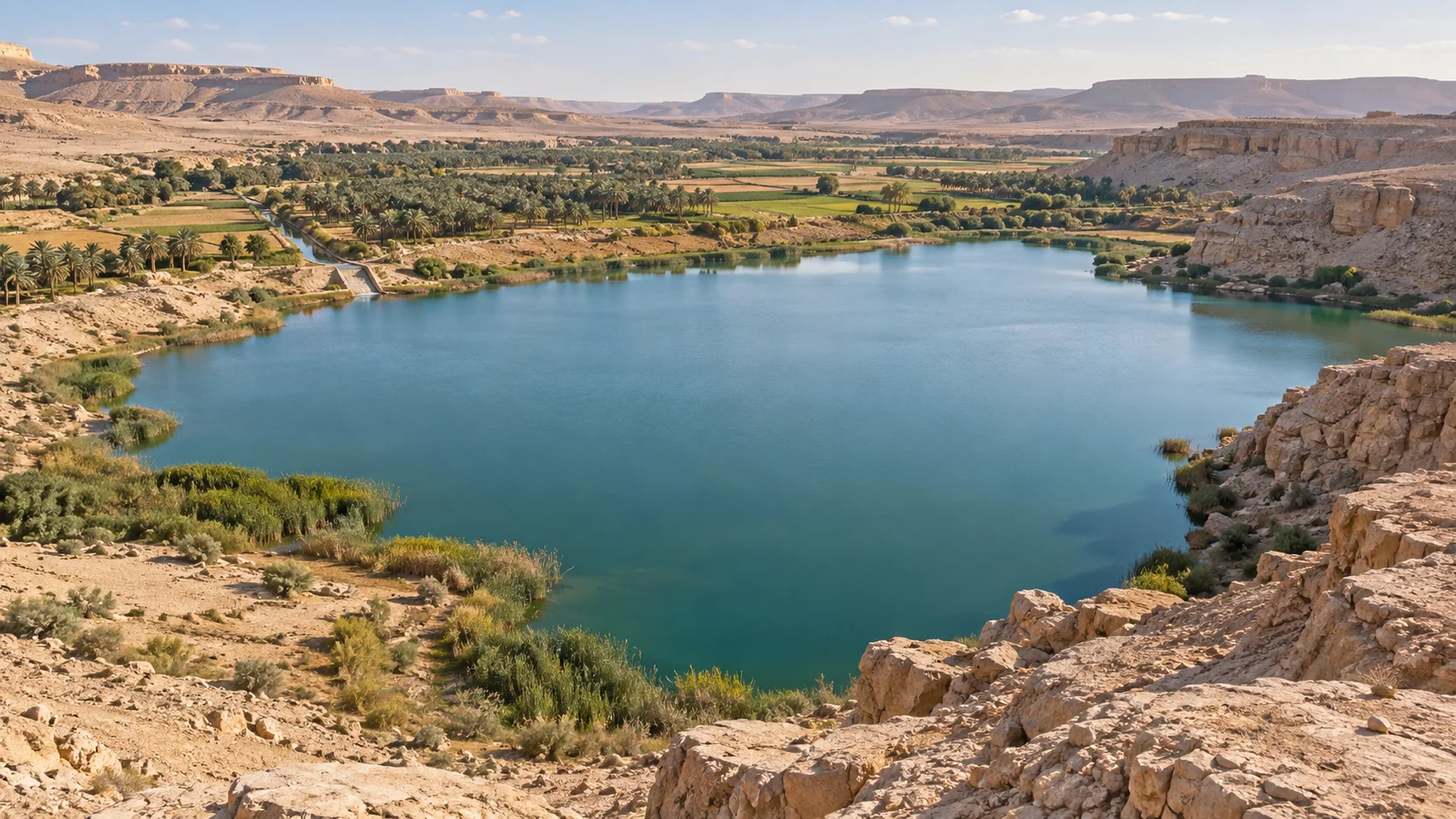 رسم تصوري لبحيرة واسعة بين أرض صحراوية ومزارع ونخيل