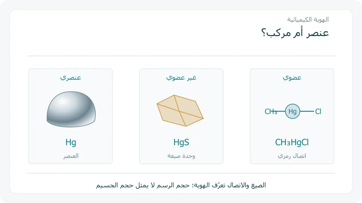 قطرة رمزية للزئبق المعدني ووحدة صيغة كبريتيد الزئبق واتصال كلوريد ميثيل الزئبق