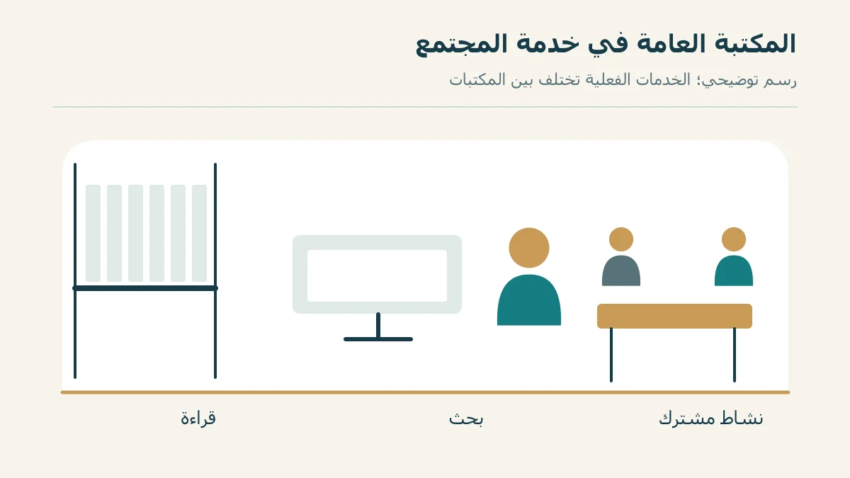 مشهد توضيحي لمكتبة عامة تجمع القراءة والبحث والنشاط