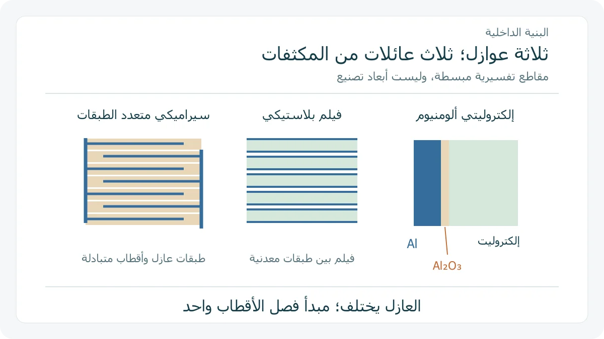 ثلاثة مقاطع مبسطة لعوازل المكثفات وبنية الأقطاب