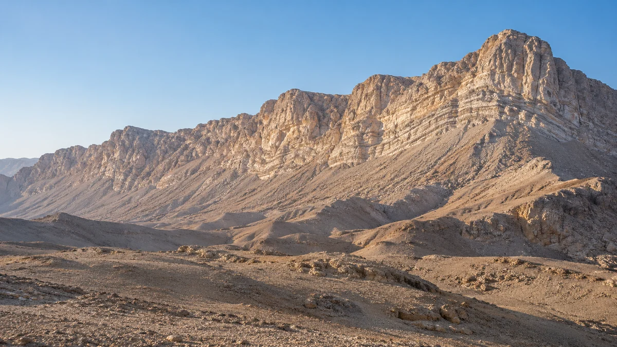 تصوّر مولّد لمنظر جيري جاف مستوحى من جبل حفيت؛ ليس صورة توثيقية للجبل أو للمدافن الأثرية.