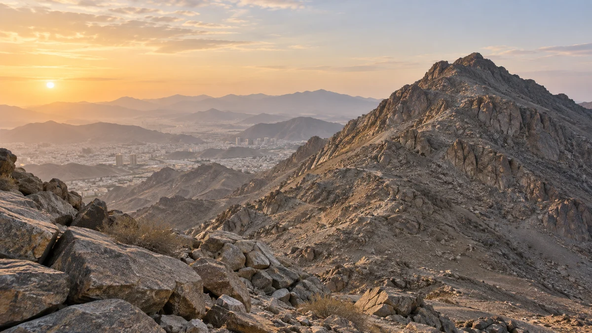 منظر مولّد مستوحى من الجبال الصخرية قرب مكة؛ ليس صورة توثيقية لجبل ثور أو مدخل غاره.