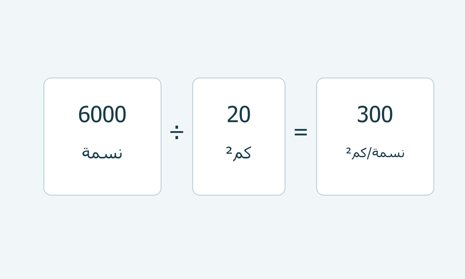 رسم لمثال افتراضي 6000 نسمة ومساحة 20 كم² وناتج 300 نسمة/كم²
