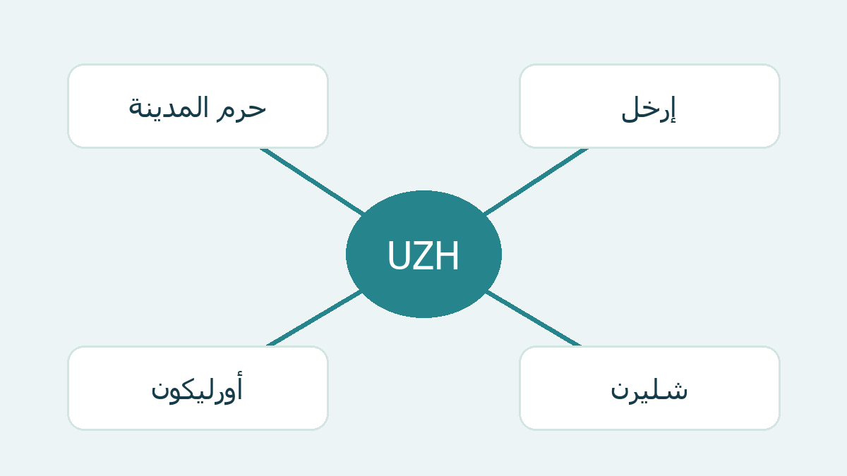 مخطط يوضح مواقع جامعة زيورخ الأربعة