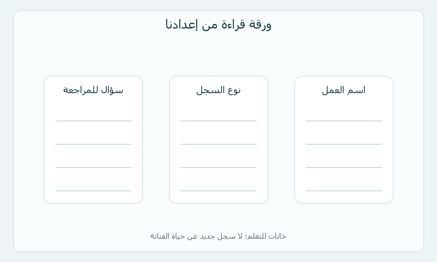 ثلاث خانات لاسم العمل ونوع السجل وسؤال القارئ