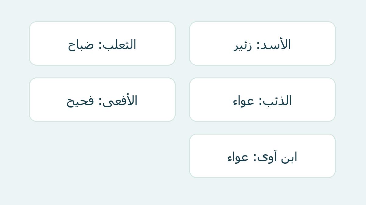 خمس بطاقات تربط الحيوان باسم صوته