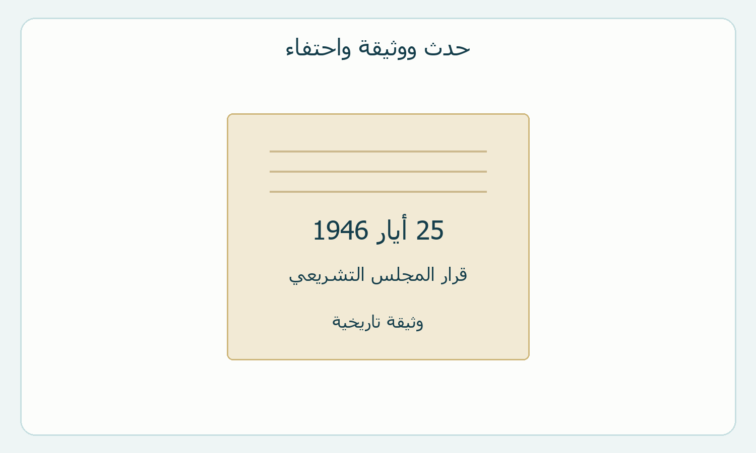 رسم أصلي لبطاقة تاريخية تحمل تاريخ القرار واسم الجهة.