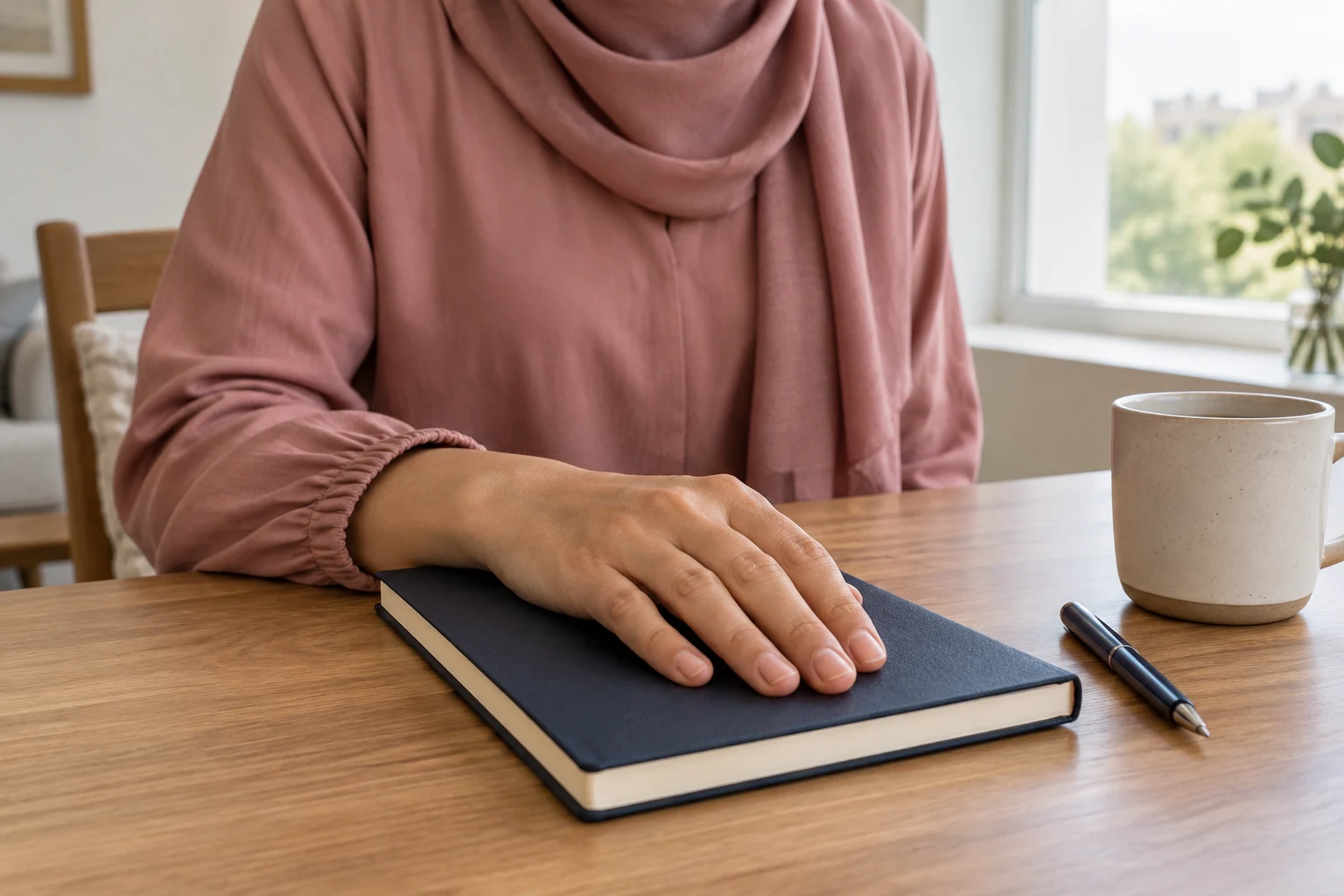 امرأة بملابس وردية هادئة تضع يدها على دفتر كحلي قرب كوب ونافذة.