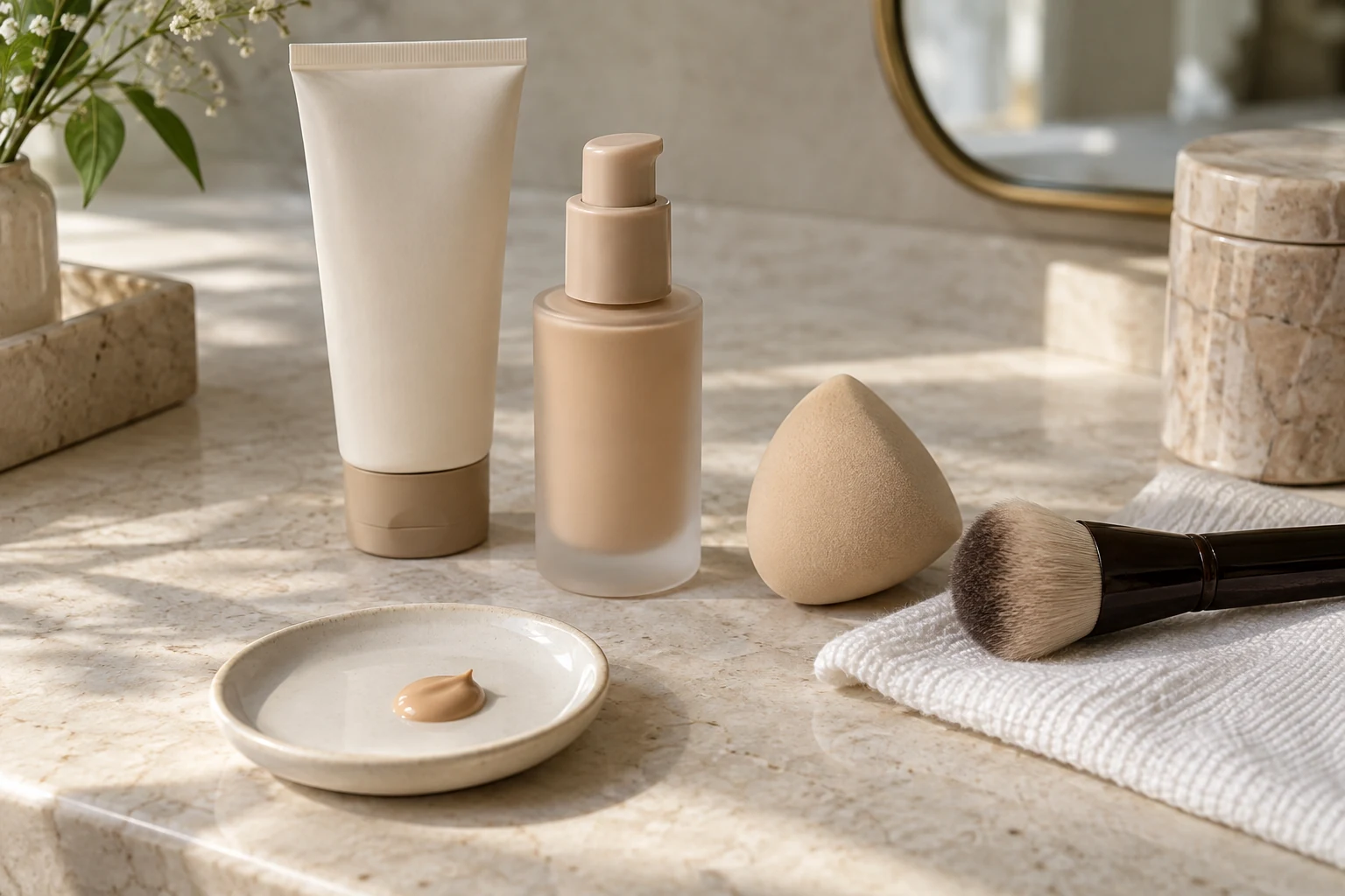 أنبوب وعبوة بمضخة بجانب إسفنجة وفرشاة وصحن فيه كمية من كريم ملون