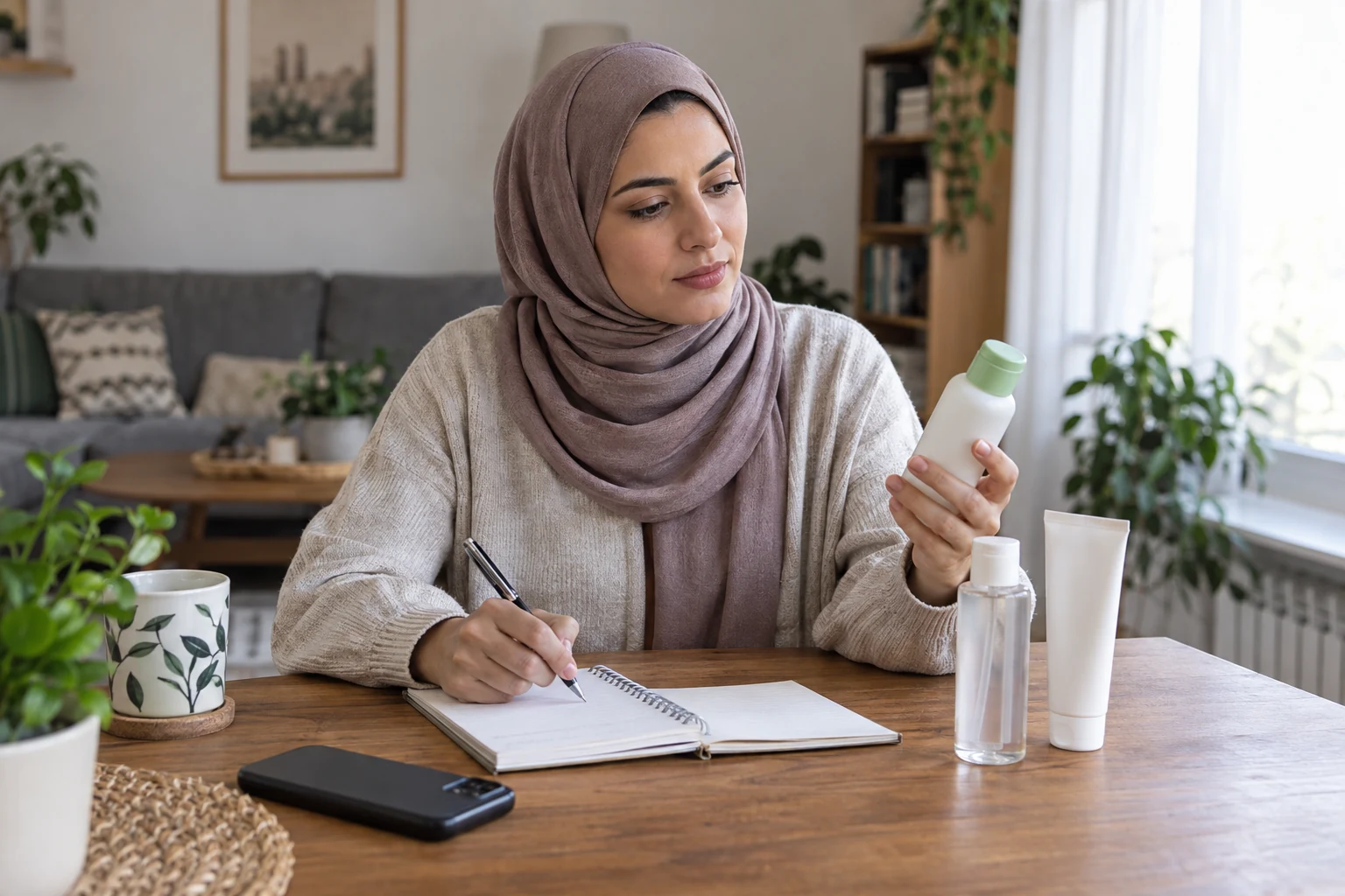 امرأة تراجع عبوة مستحضر وتكتب في دفتر على طاولة منزلية.