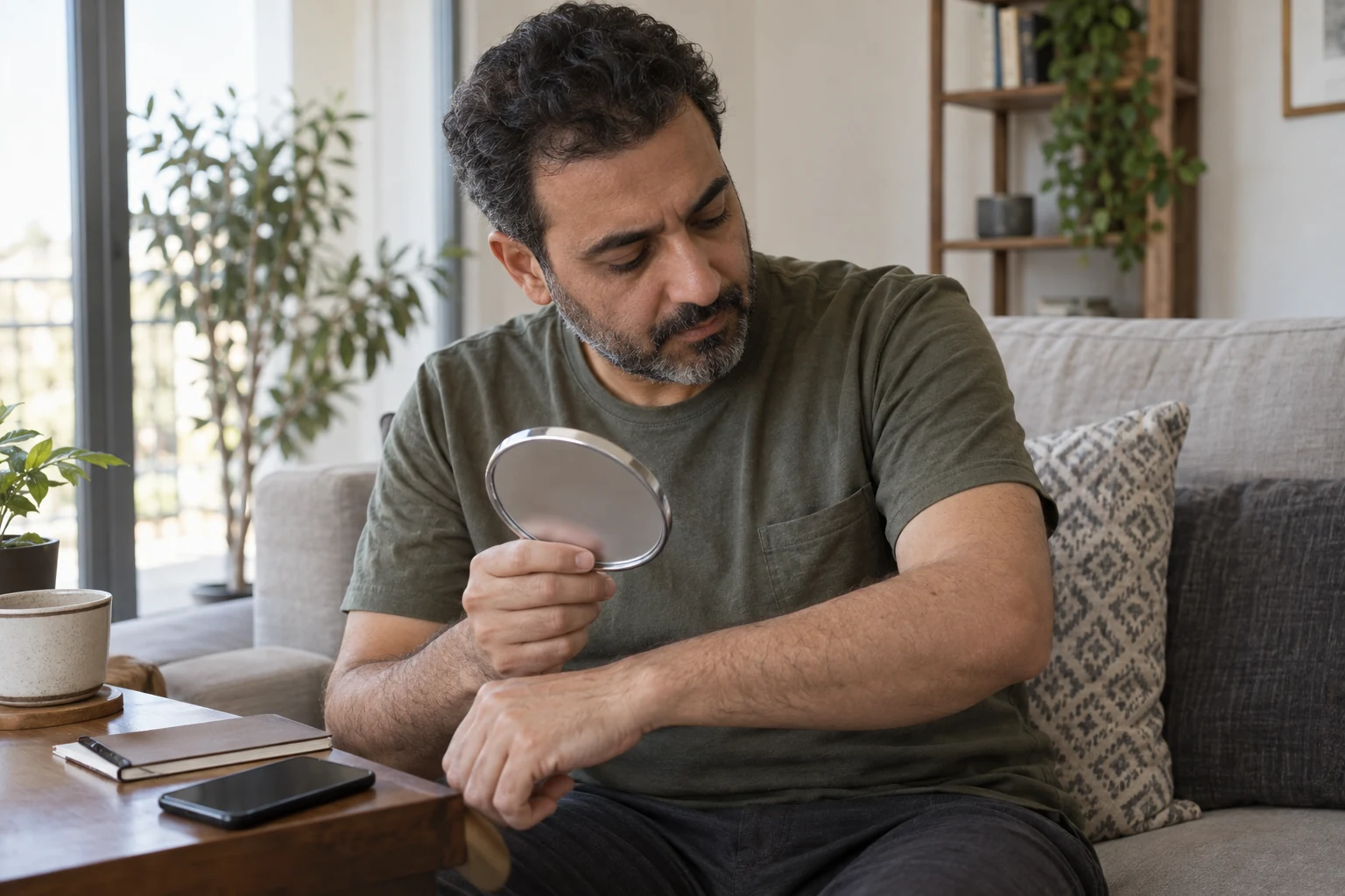 رجل ينظر إلى ذراعه وفي يده مرآة صغيرة في غرفة منزلية.
