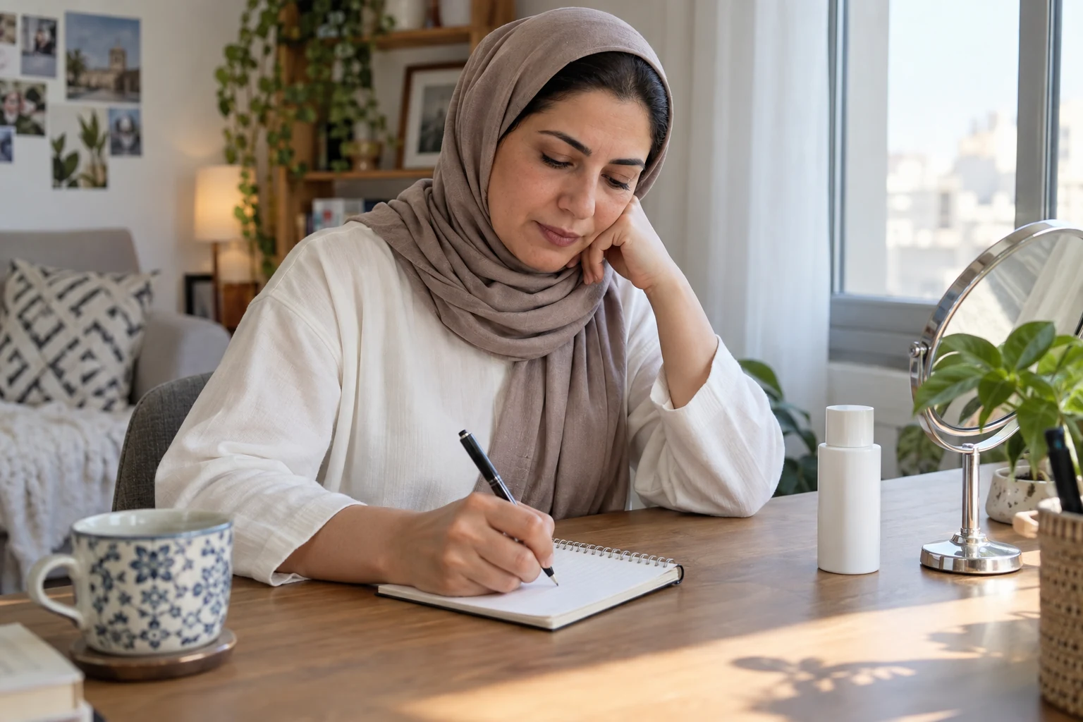 امرأة تكتب في دفتر بجوار عبوة مغلقة ومرآة على طاولة منزلية.