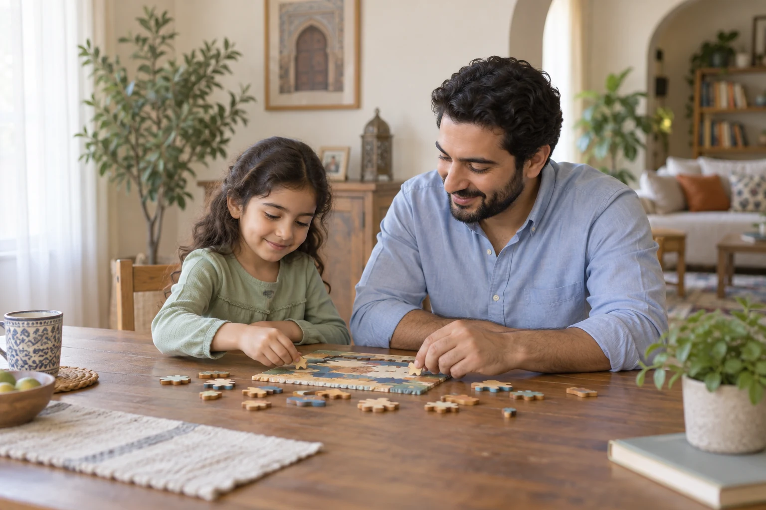 رجل وطفلة يجلسان عند طاولة منزلية ويركبان لعبة قطع خشبية، مع نباتات وإضاءة نافذة في الخلفية.