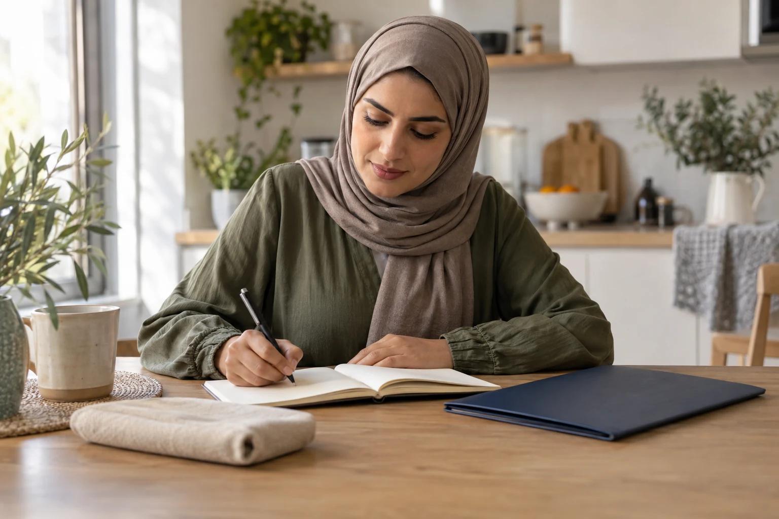 امرأة ترتدي بلوزة زيتونية وحجابًا بنيًا وتكتب في دفتر على طاولة خشبية قرب ملف أزرق وحافظة قماشية.