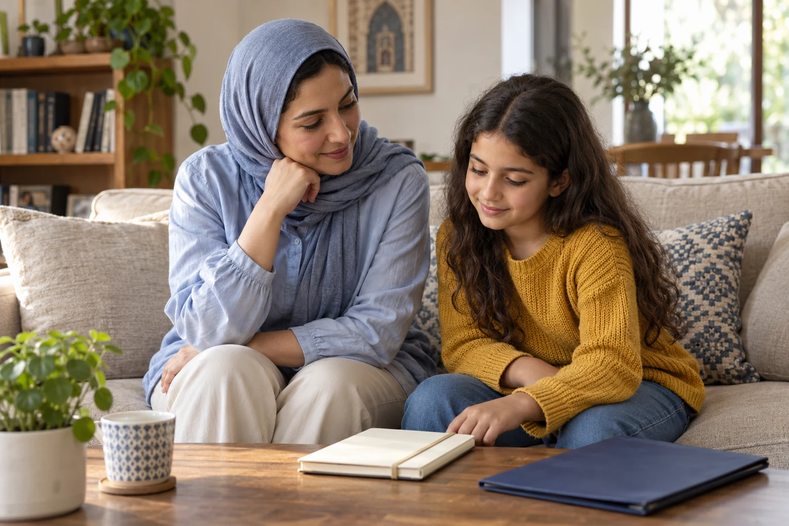 أم بقميص وحجاب أزرق فاتح وطفلة بسترة خردلية تجلسان على أريكة قرب دفتر مغلق وملف كحلي.