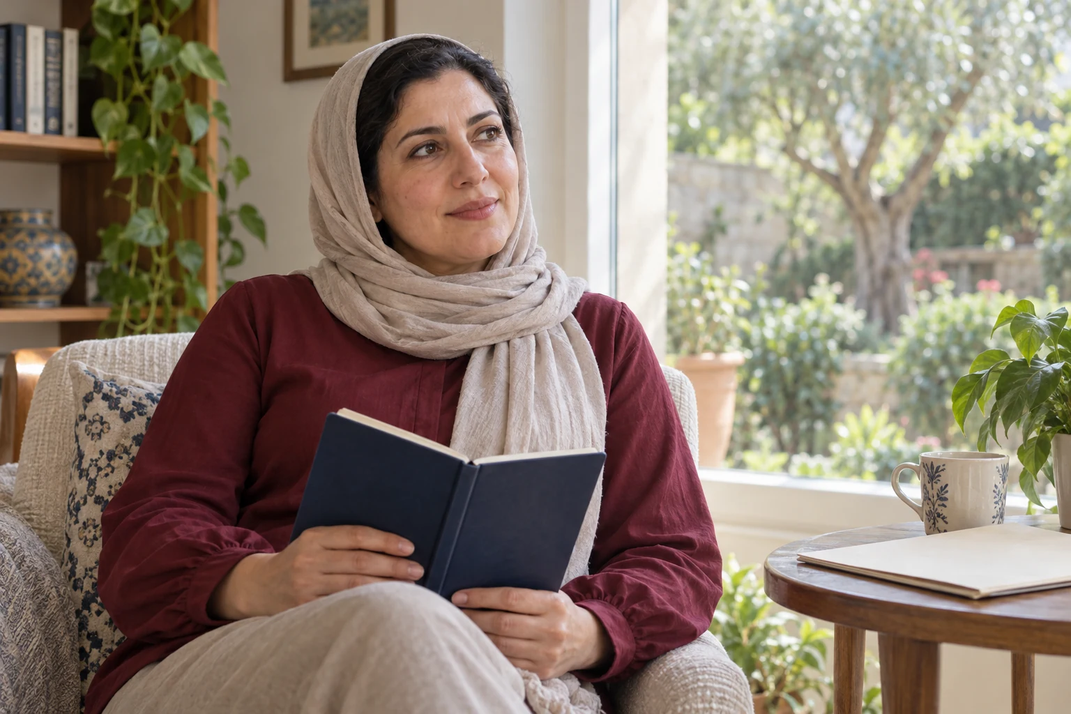 امرأة ببلوزة خمرية ووشاح بيج تحمل دفترًا كحليًا مفتوحًا قرب نافذة وطاولة عليها ملف فاتح وكوب.