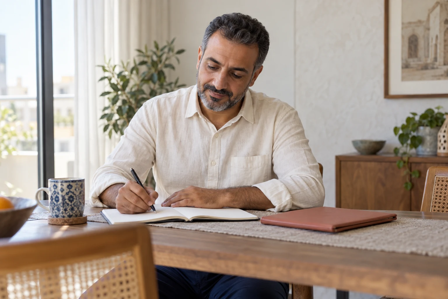 رجل بقميص كريمي يكتب في دفتر مفتوح على طاولة منزلية، وبجواره ملف بني محمر وكوب مزخرف.