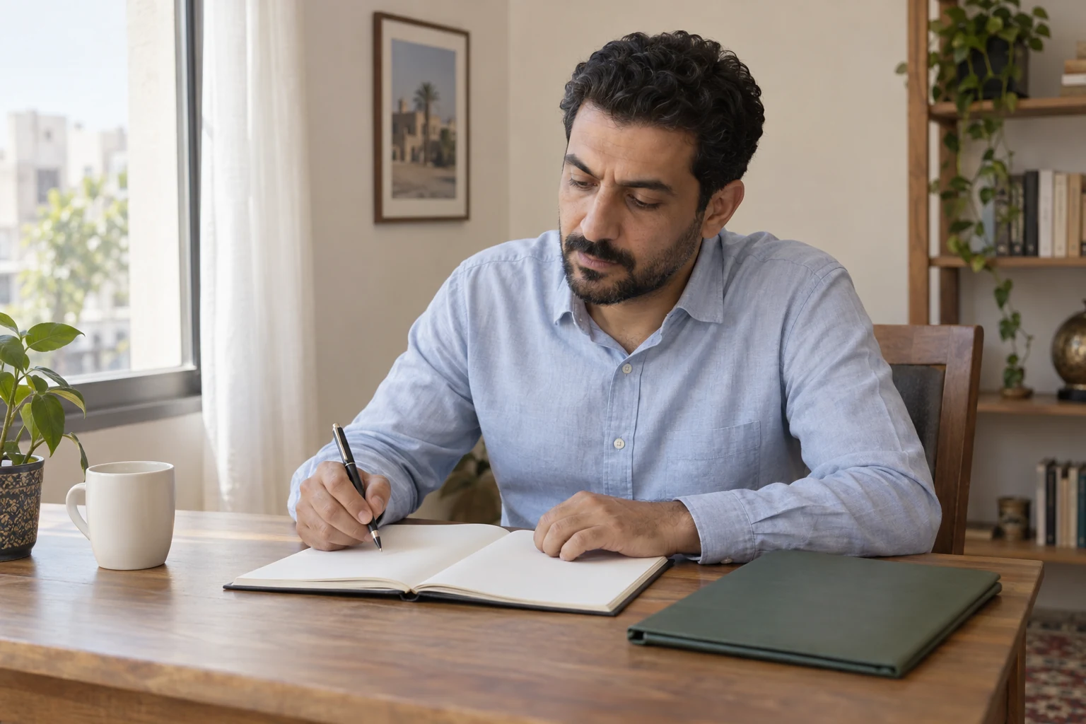 رجل بقميص أزرق فاتح يمسك قلمًا فوق دفتر مفتوح على مكتب خشبي، وبجواره ملف أخضر مغلق وكوب بلون عاجي.