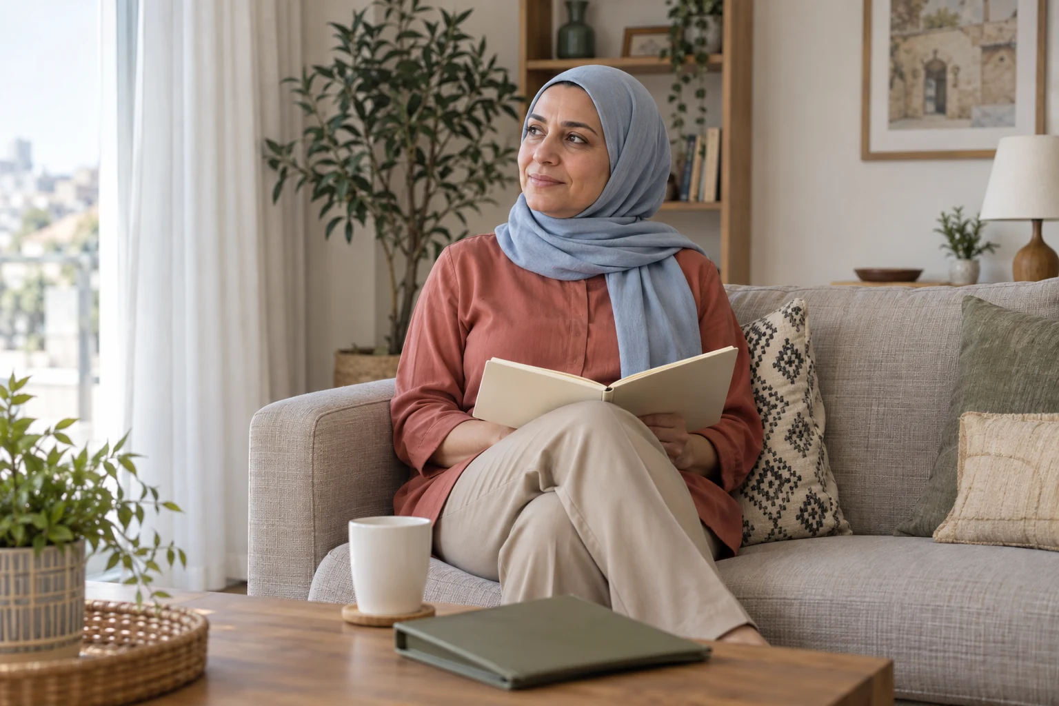 امرأة ببلوزة بلون الطين وغطاء رأس أزرق فاتح تجلس على أريكة وتمسك دفترًا مفتوحًا على حجرها؛ أمامها ملف زيتوني وكوب أبيض على طاولة خشبية.