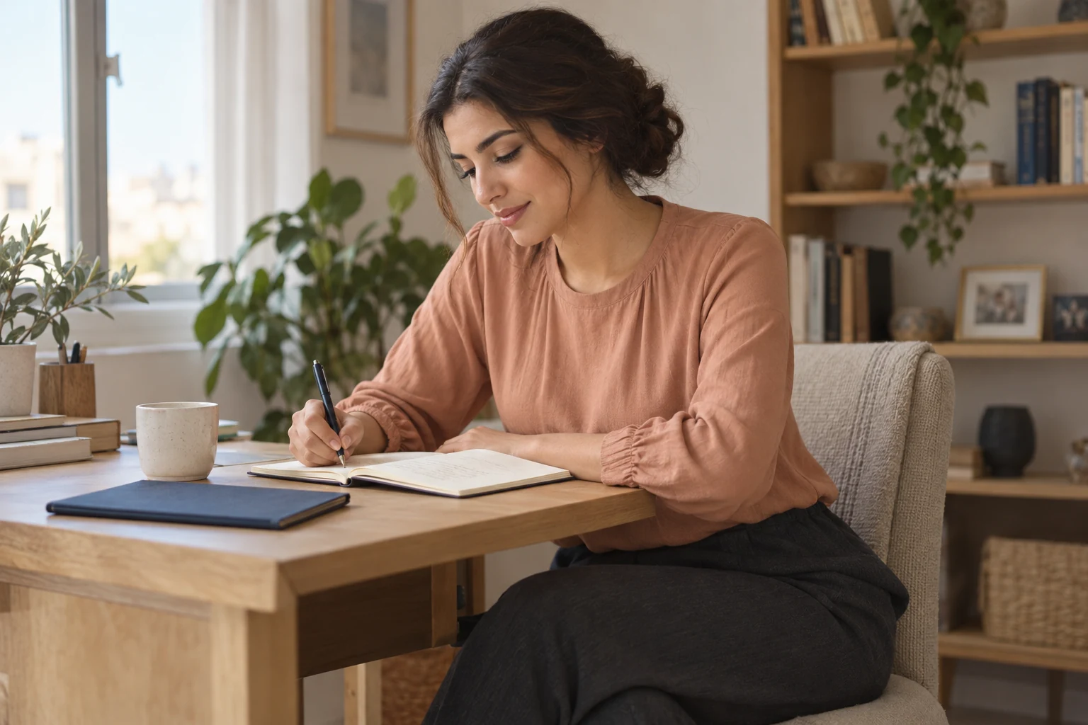 امرأة خيالية ترتدي بلوزة بلون مشمشي وتكتب بقلم في دفتر مفتوح على مكتب خشبي، قرب كوب فاتح ومجلد كحلي.