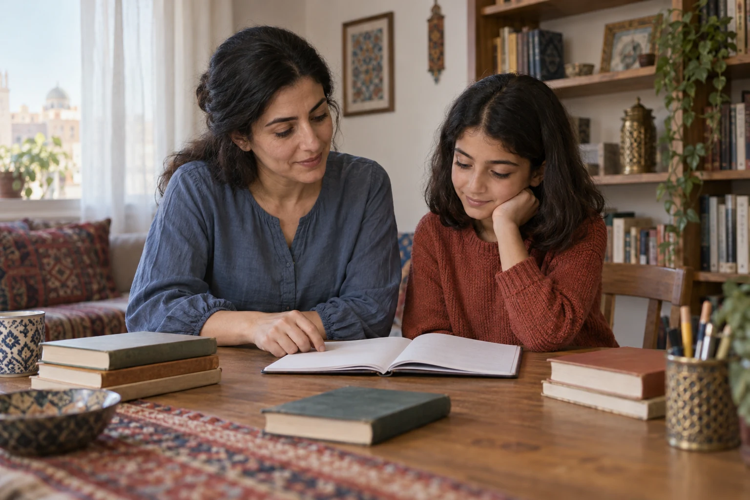 امرأة وطفلة تنظران إلى دفتر مفتوح على طاولة بين كتب