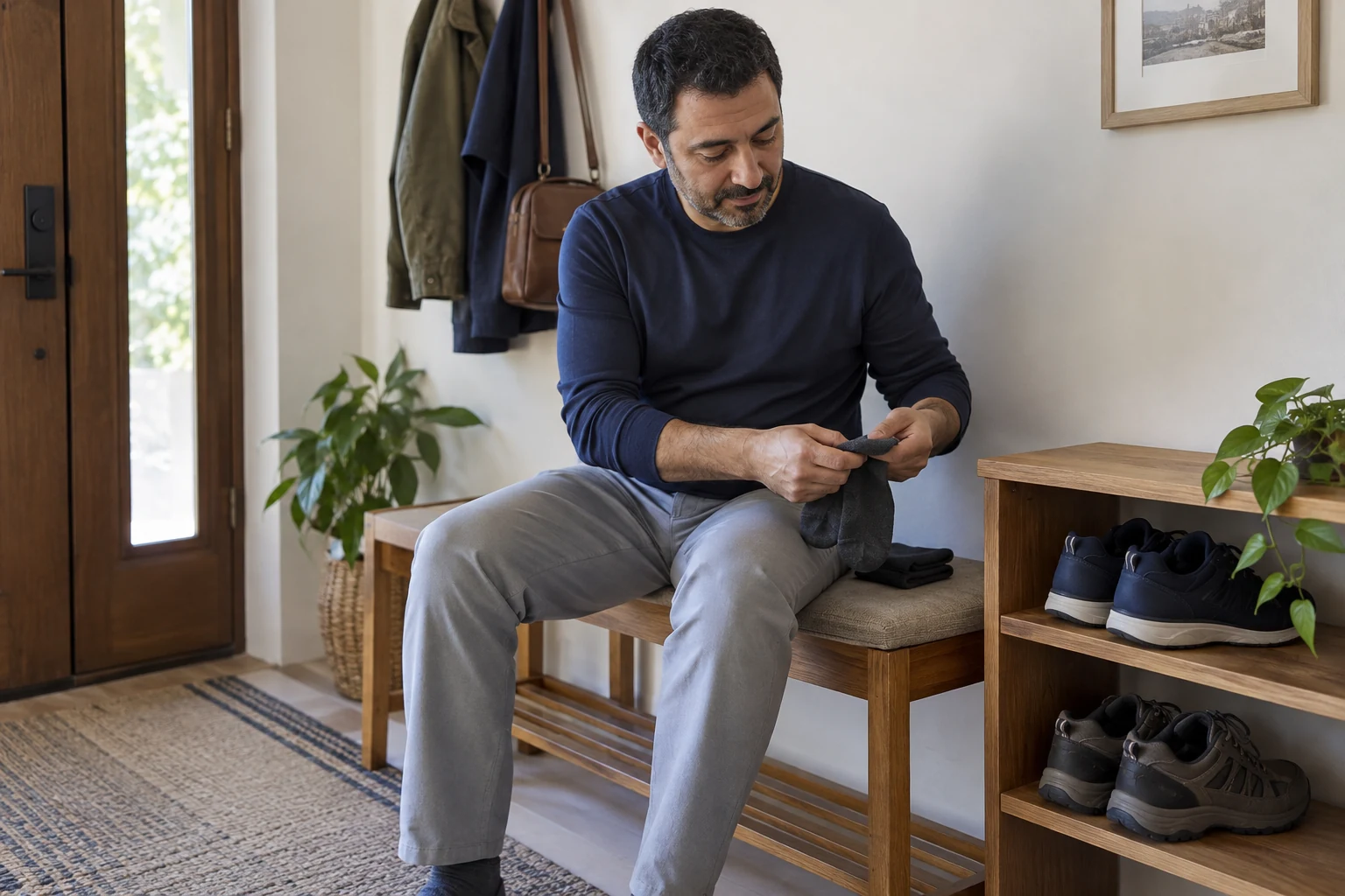 رجل بالغ يحمل جوارب على مقعد خشبي قرب رف أحذية