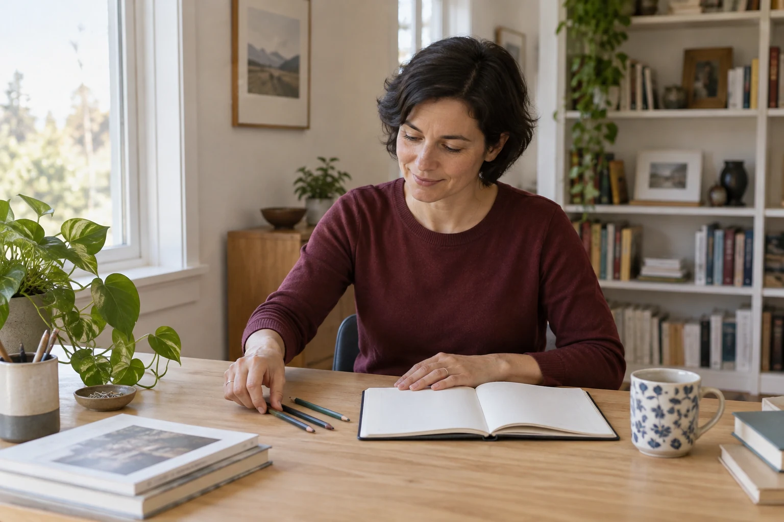 امرأة بقميص عنابي ترتب أقلامًا بجانب دفتر مفتوح على مكتب خشبي.