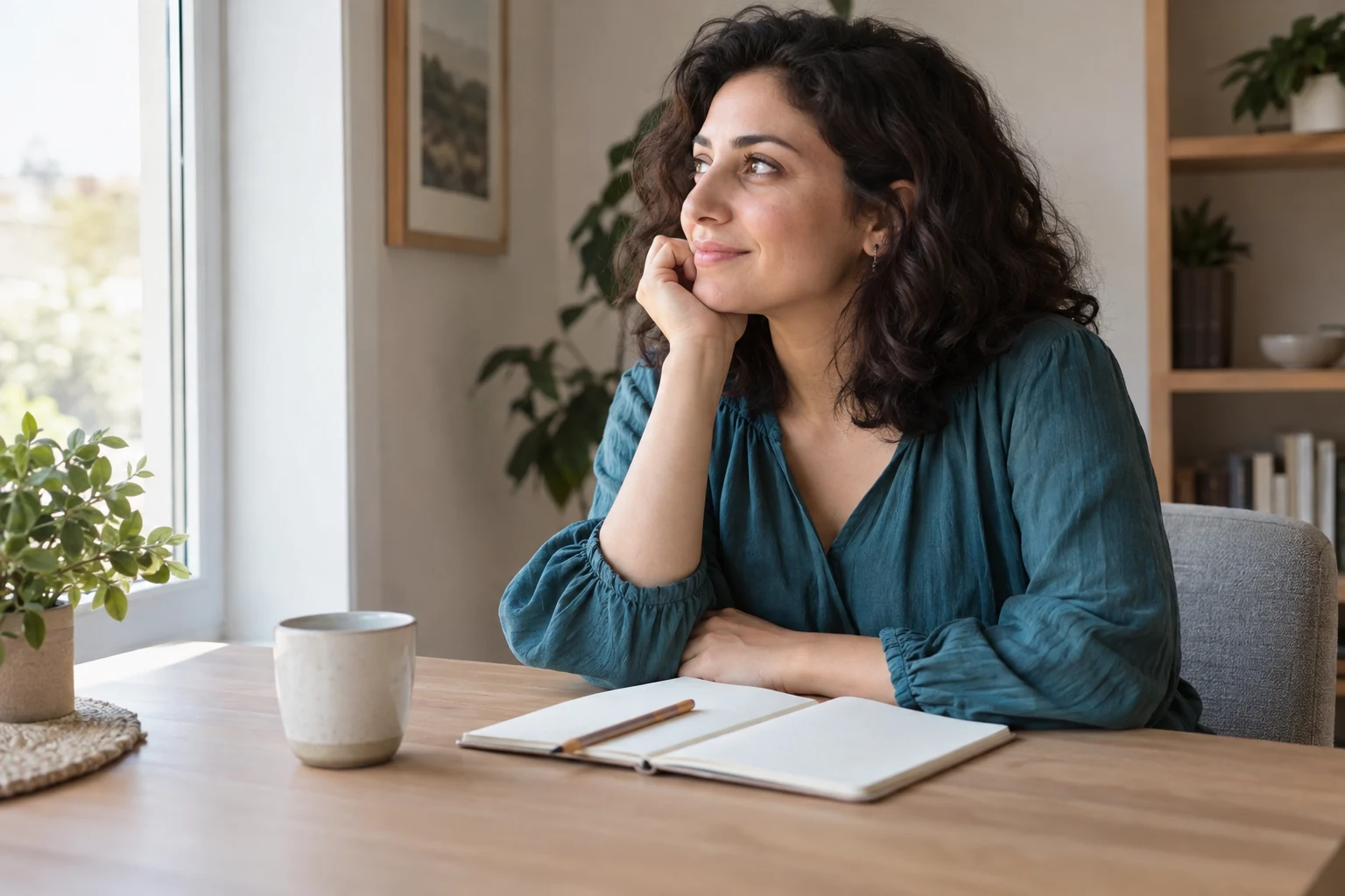 امرأة ببلوزة خضراء مزرقة تجلس قرب نافذة، أمامها دفتر مفتوح وقلم وكوب؛ مشهد مولد بالذكاء الاصطناعي.