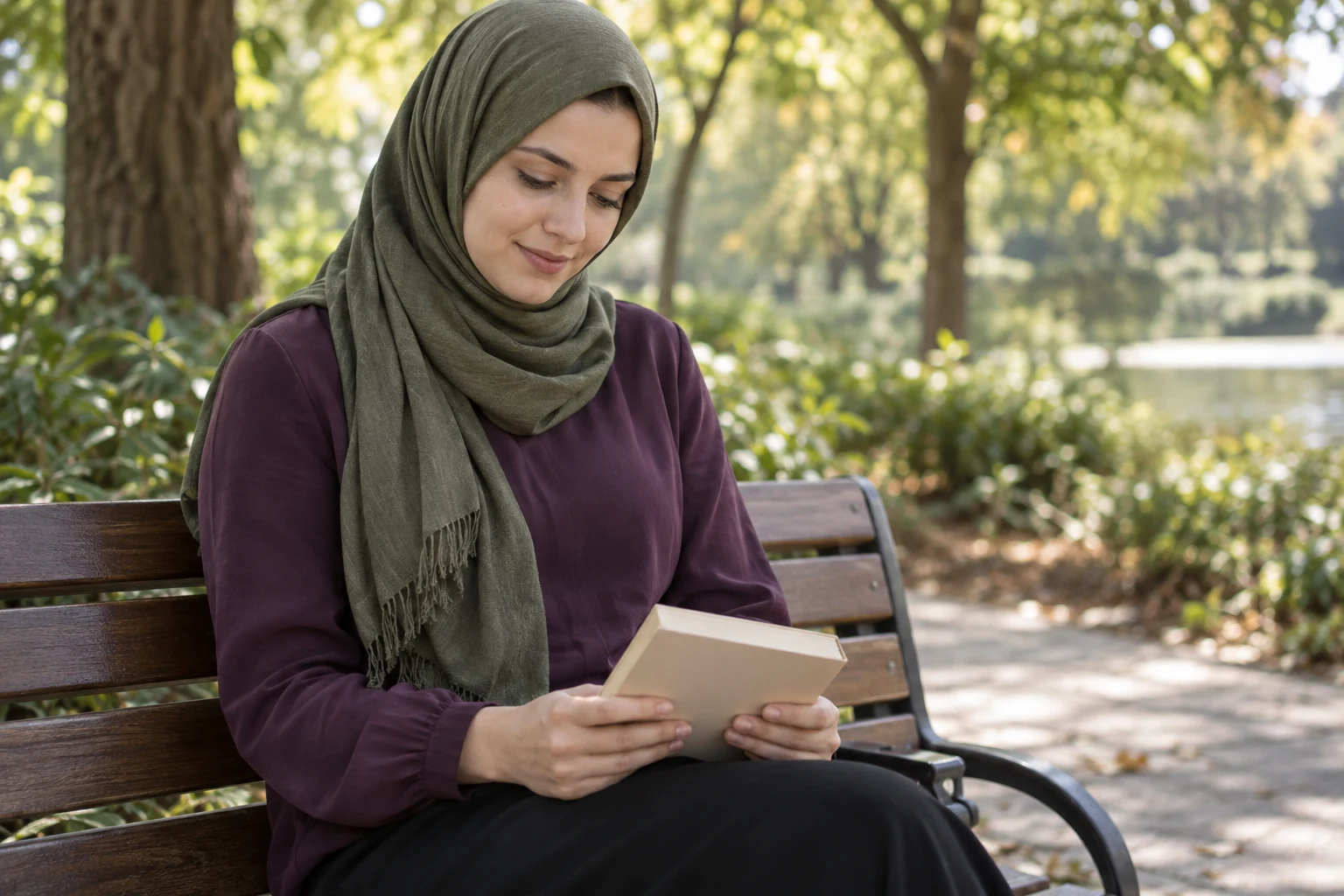 امرأة بحجاب زيتوني وبلوزة بنفسجية تمسك كتابًا بيج بكلتا يديها على مقعد خشبي في حديقة.