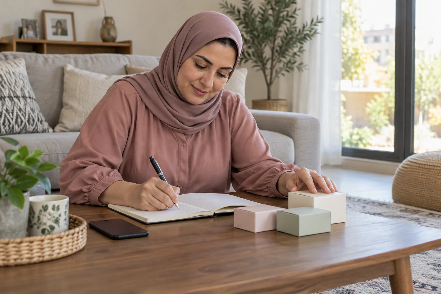 امرأة بملابس وحجاب ورديين تكتب في دفتر بجوار ثلاث علب مغلقة وهاتف على طاولة منخفضة أمام أريكة.