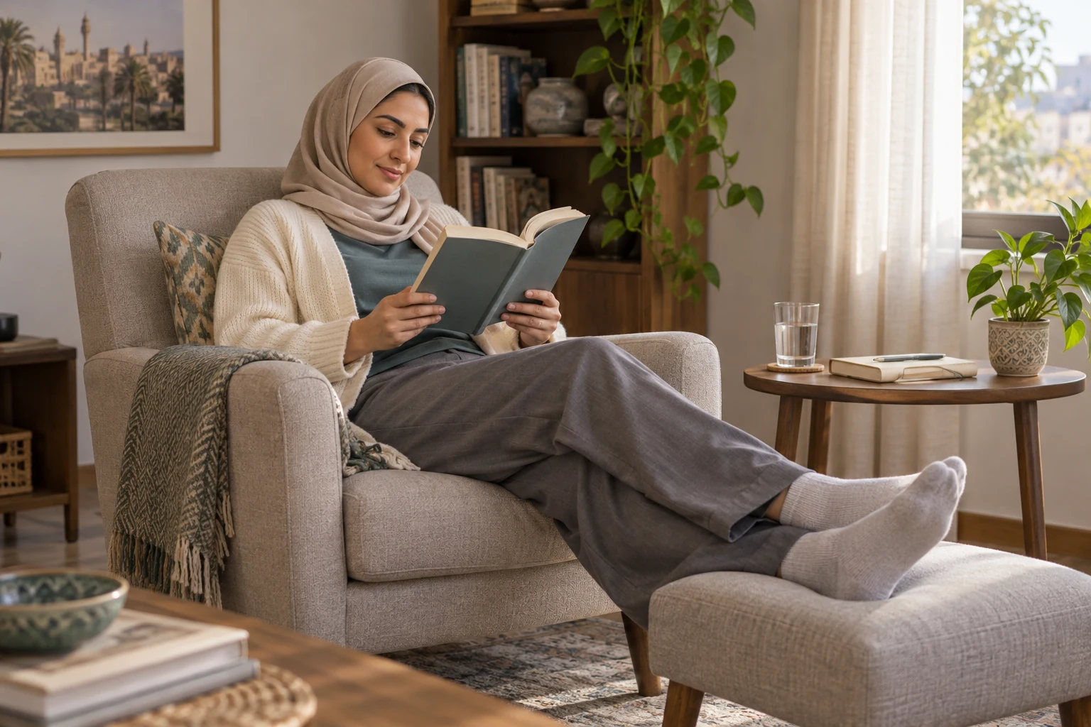 امرأة بحجاب فاتح وسترة كريمية تقرأ في مقعد وتضع قدميها بالجوارب على مسند، بجوار كأس ماء ودفتر ونبتة.