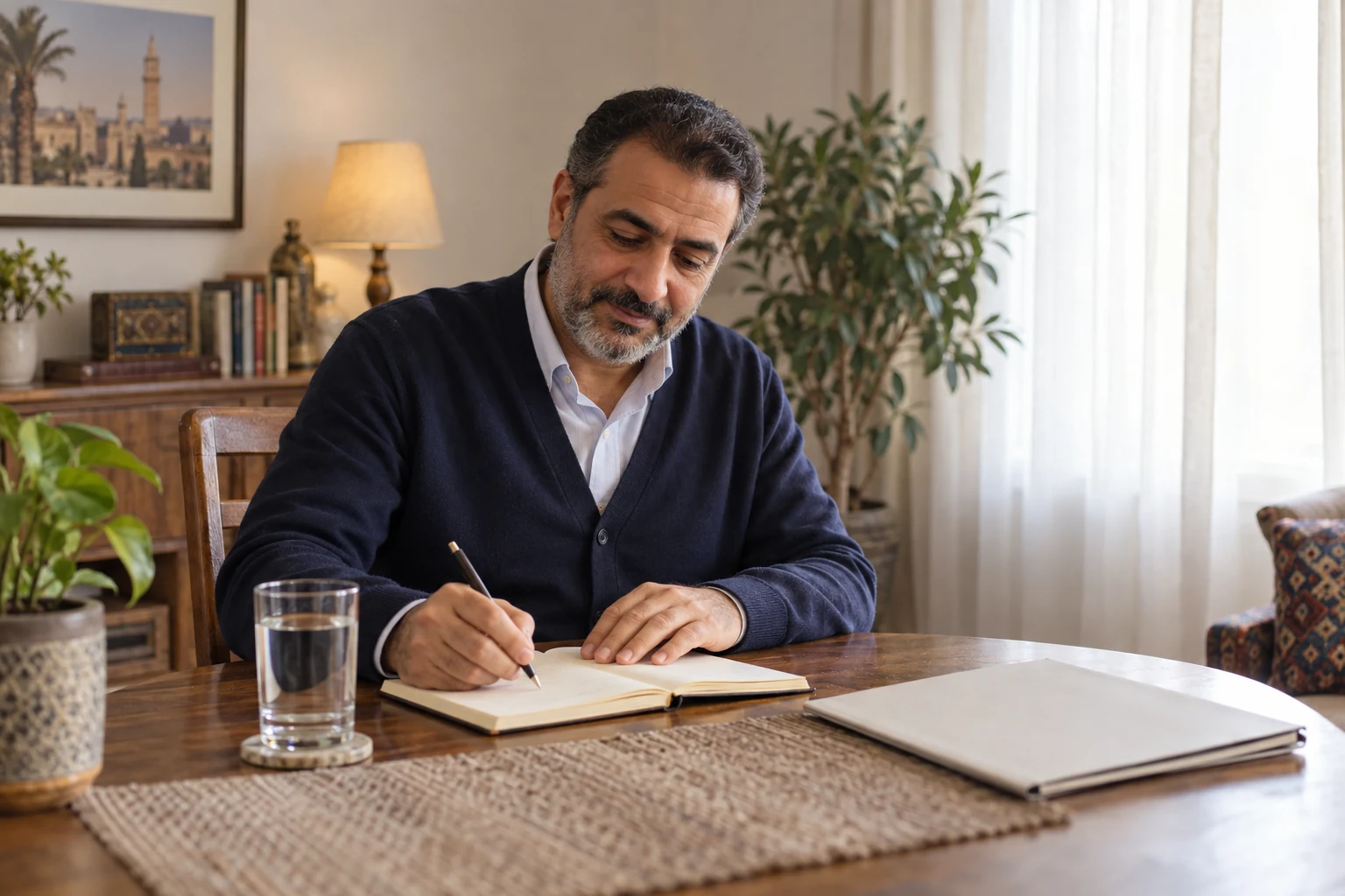 رجل بسترة كحلية يكتب في دفتر بجوار كأس ماء وملف فاتح على طاولة، مع ستائر ونباتات في الخلفية.