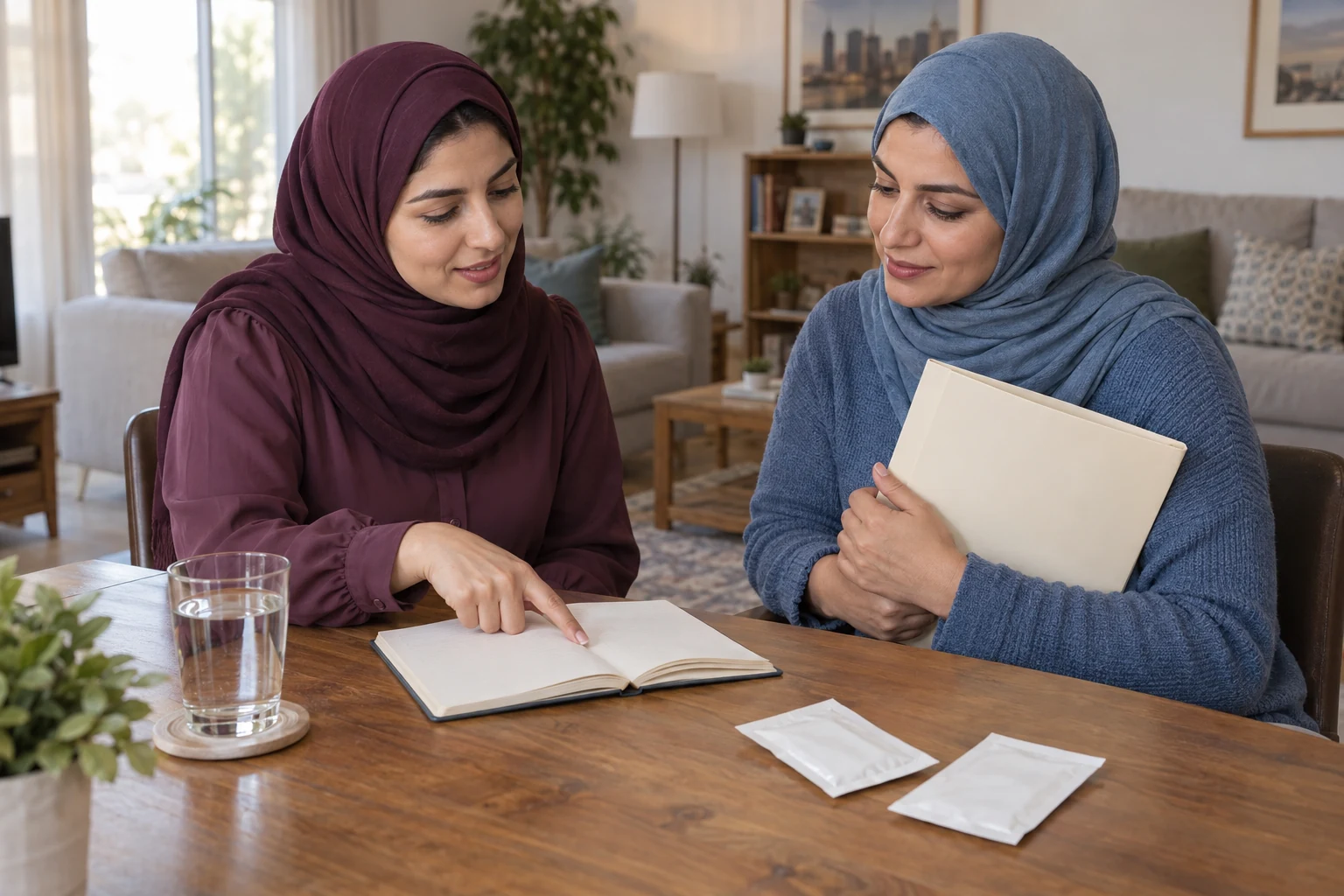 امرأة بملابس وحجاب بلون البرقوق تشير إلى دفتر، وأخرى بالأزرق تحمل ملفًا فاتحًا، مع كأس ماء وظرفين مغلقين على الطاولة.