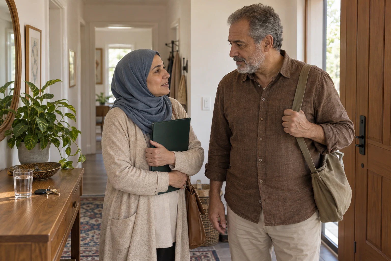 امرأة بوشاح أزرق تحمل حافظة خضراء مغلقة وتتحدث مع رجل بقميص بني وحقيبة كتف، قرب مدخل منزل وطاولة عليها ماء ومفاتيح.