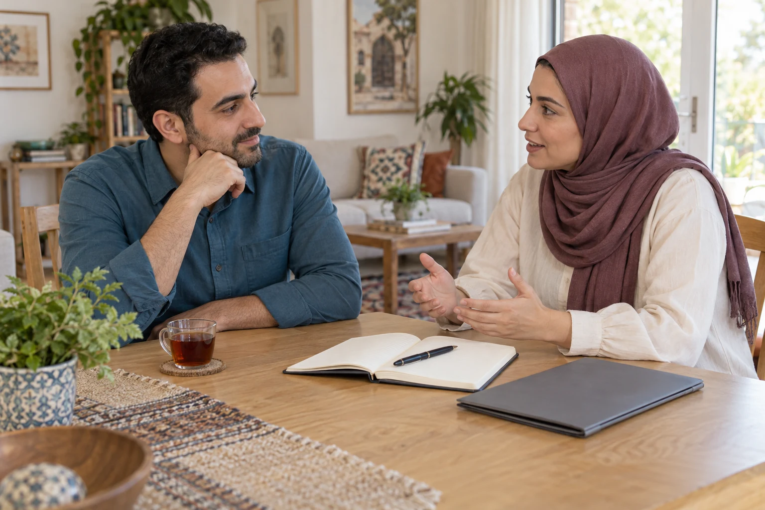 رجل بقميص أزرق وامرأة بحجاب بلون البرقوق يتحدثان على طاولة عليها دفتر مفتوح وقلم وملف رمادي مغلق.