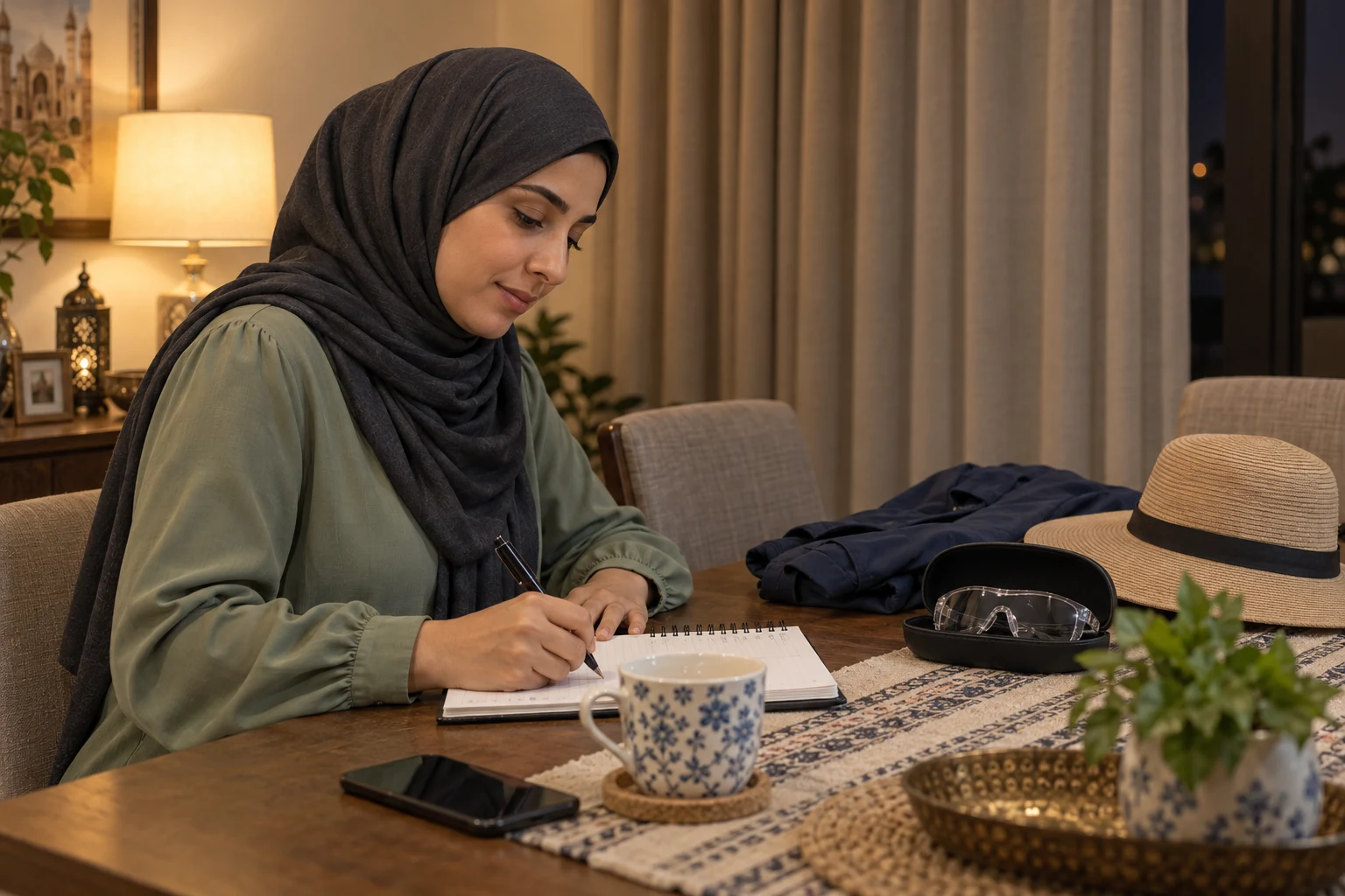 امرأة خيالية تكتب في دفتر داخل منزل مساءً، وبجانبها قبعة ونظارات في علبة وملابس مطوية.