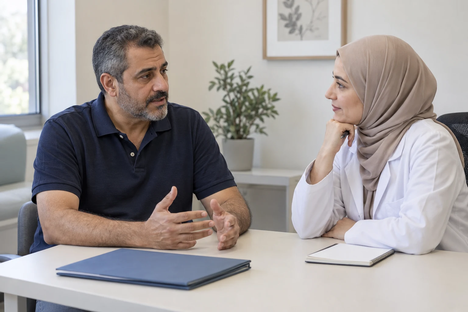 رجل خيالي بقميص كحلي يتحدث مع امرأة ترتدي معطفًا أبيض وحجابًا بيج، أمامهما ملف ودفتر على مكتب.