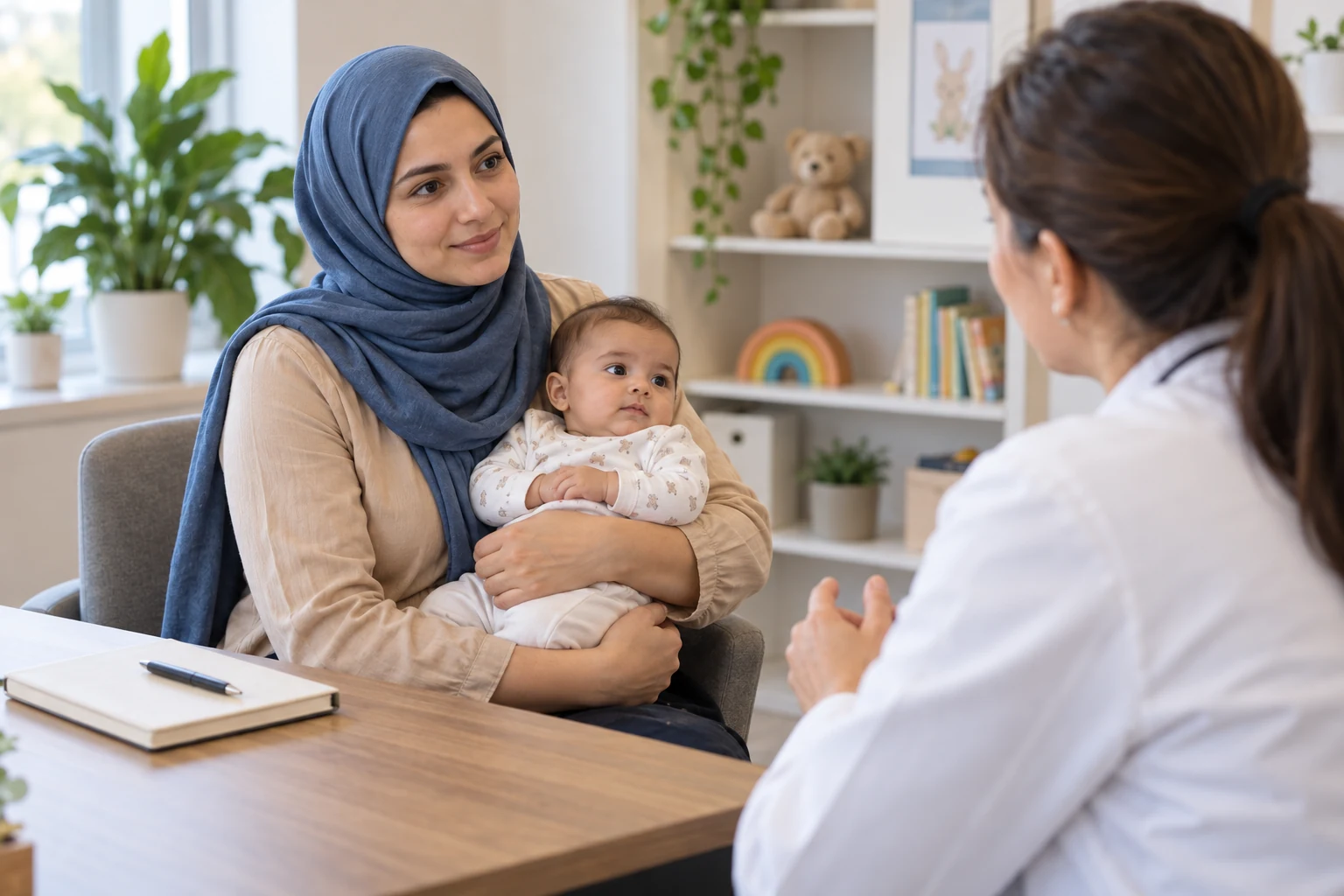 امرأة بحجاب أزرق تحمل رضيعًا مرتديًا ملابسه أمام امرأة بمعطف أبيض، وبجانبهما دفتر وقلم على الطاولة.