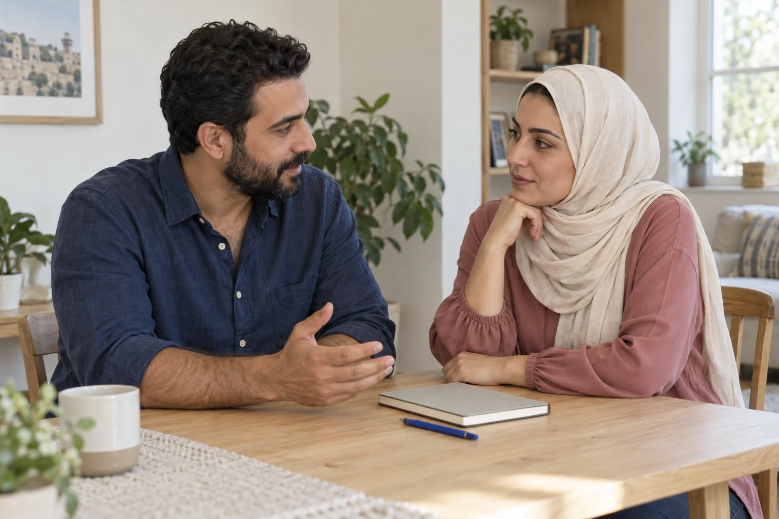 مشهد تخيلي لرجل بقميص أزرق وامرأة ببلوزة وردية وحجاب فاتح يتحدثان أمام دفتر وقلم على طاولة خشبية قرب نافذة ونباتات.