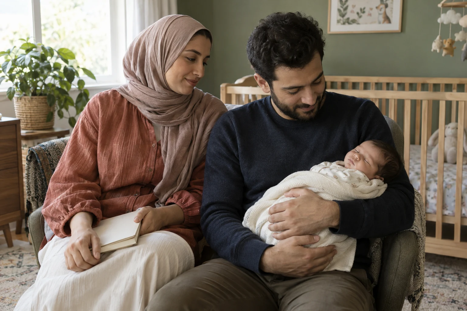 أم تحمل دفترًا مغلقًا وأب يحتضن رضيعًا ملفوفًا ببطانية في غرفة أطفال مضاءة طبيعيًا.