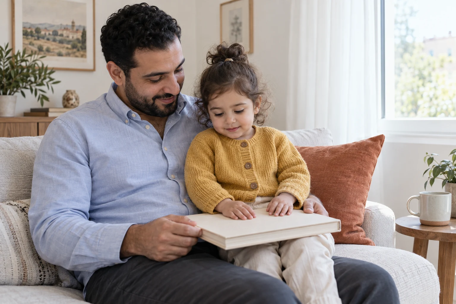 أب يحتضن طفلة بسترة صفراء على أريكة، وأمامهما كتاب مغلق في غرفة مضاءة طبيعيًا.